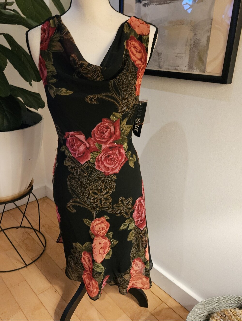 Vintage Floral Cowl Neck Dress - Black with Pink & Coral Roses